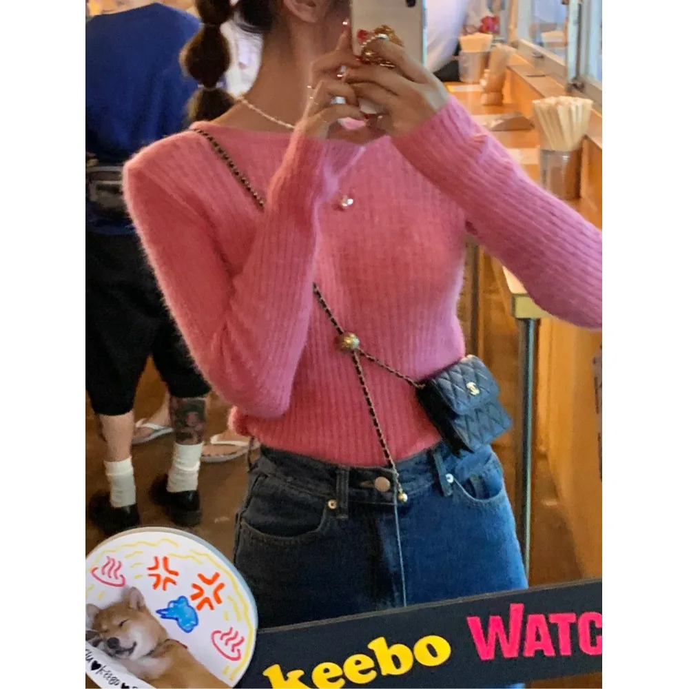 Casual Style Women's Sweater Candy Color Stripe Base Layer Sweater Versatile Chic Small Size Knitted Top Thin Blend Polyester