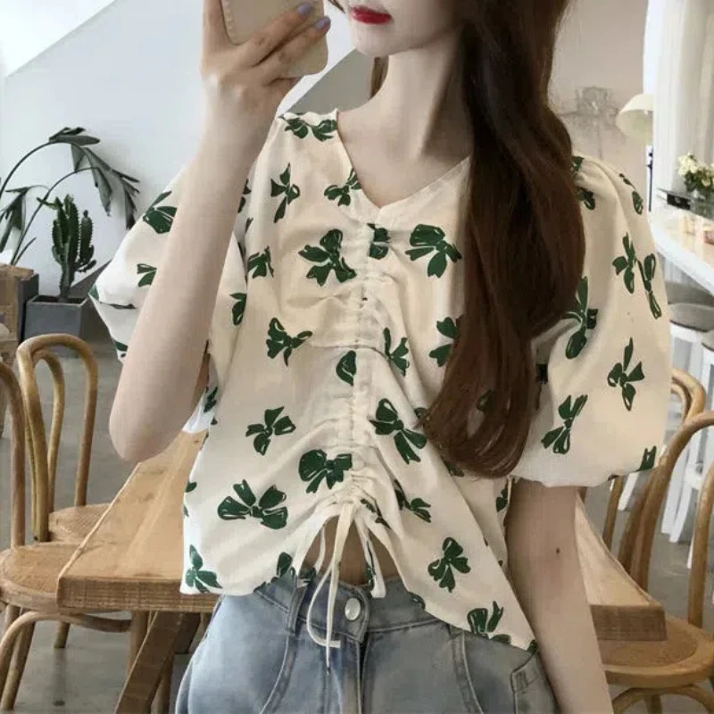 Shirt Female Wearing Outside Summer 2024 New Pattern Vintage Hong Kong Flavor Bowknot V-Neck Draw Rope Short Sleeve Pullovers