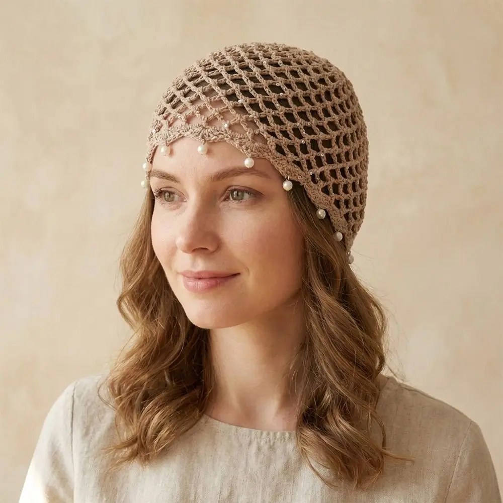 

Casual Hollowed Out Woven Pullover Hats Crochet Pearl Fringed Knitted Hat Breathable Beret Cap or Women Summer