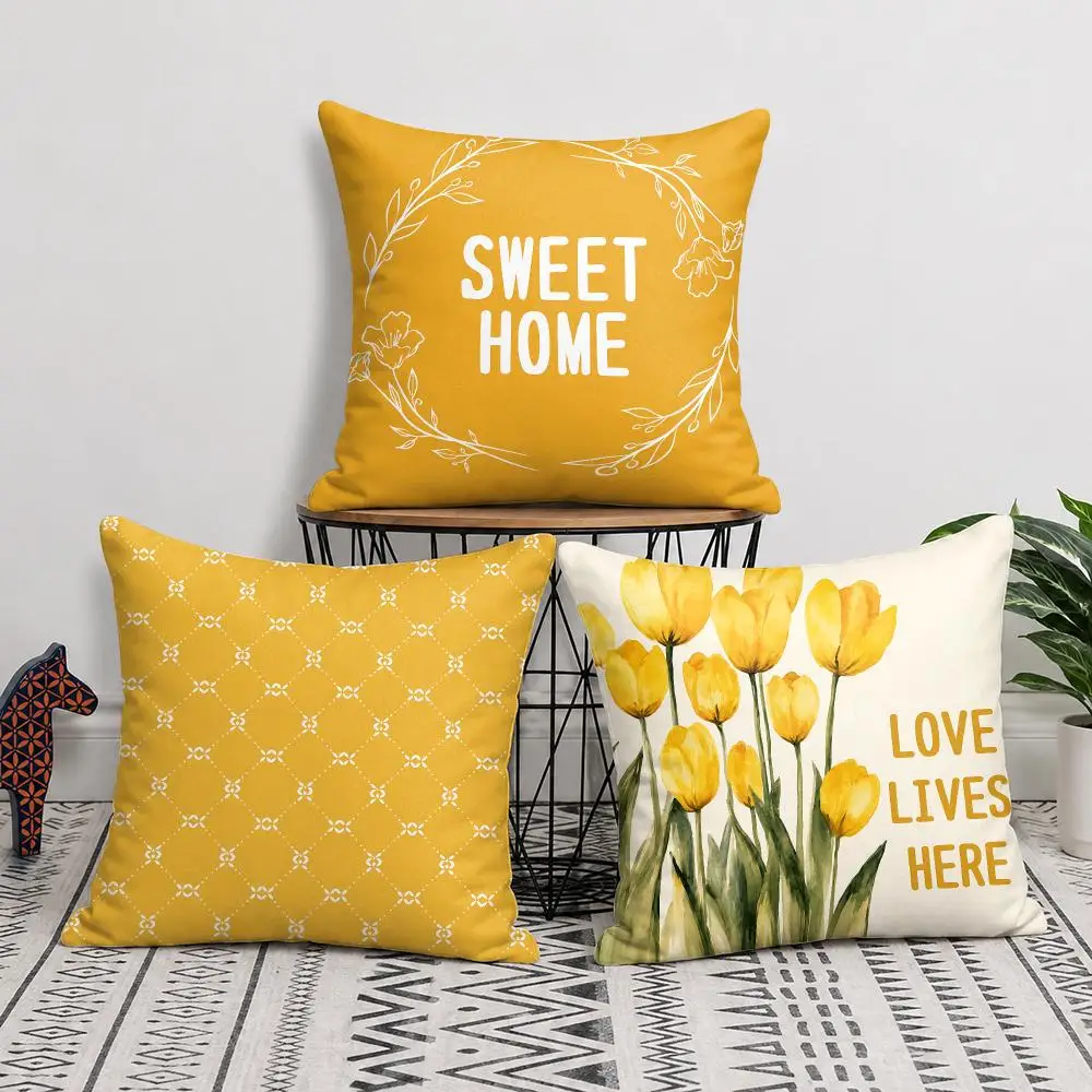 Golden Yellow Tulip Art Cushion Cover Soft Short Plush Pillow Cover Smooth Cozy Texture Cushion Case Home Decor