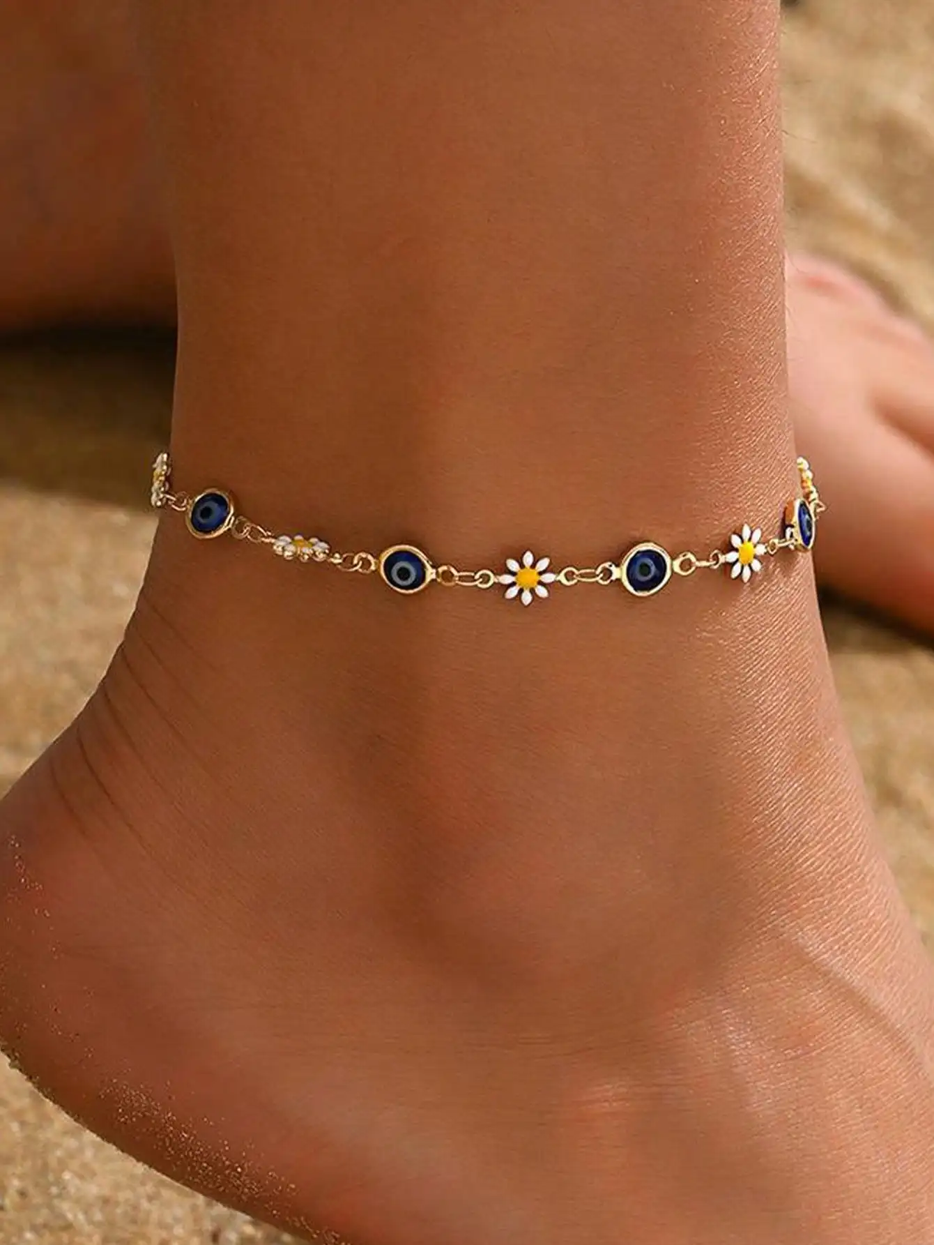 Elegant Daisy Anklet, Boho Style Blue Turquoise Eye Elephant Metal Chain Anklet, Summer Beach Foot Jewelry
