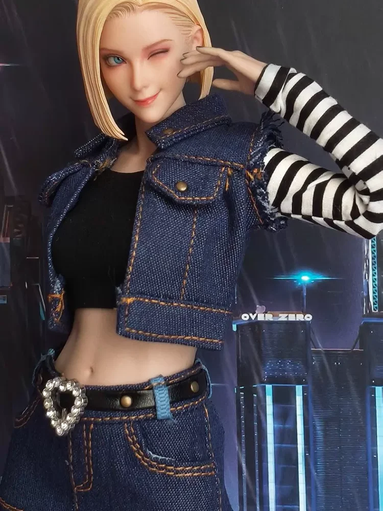 Комплект одежды для 12-дюймовой фигурки Android 18: женский солдатский топ с полосатыми рукавами, джинсовый жилет, короткая юбка, аксессуары для декора.