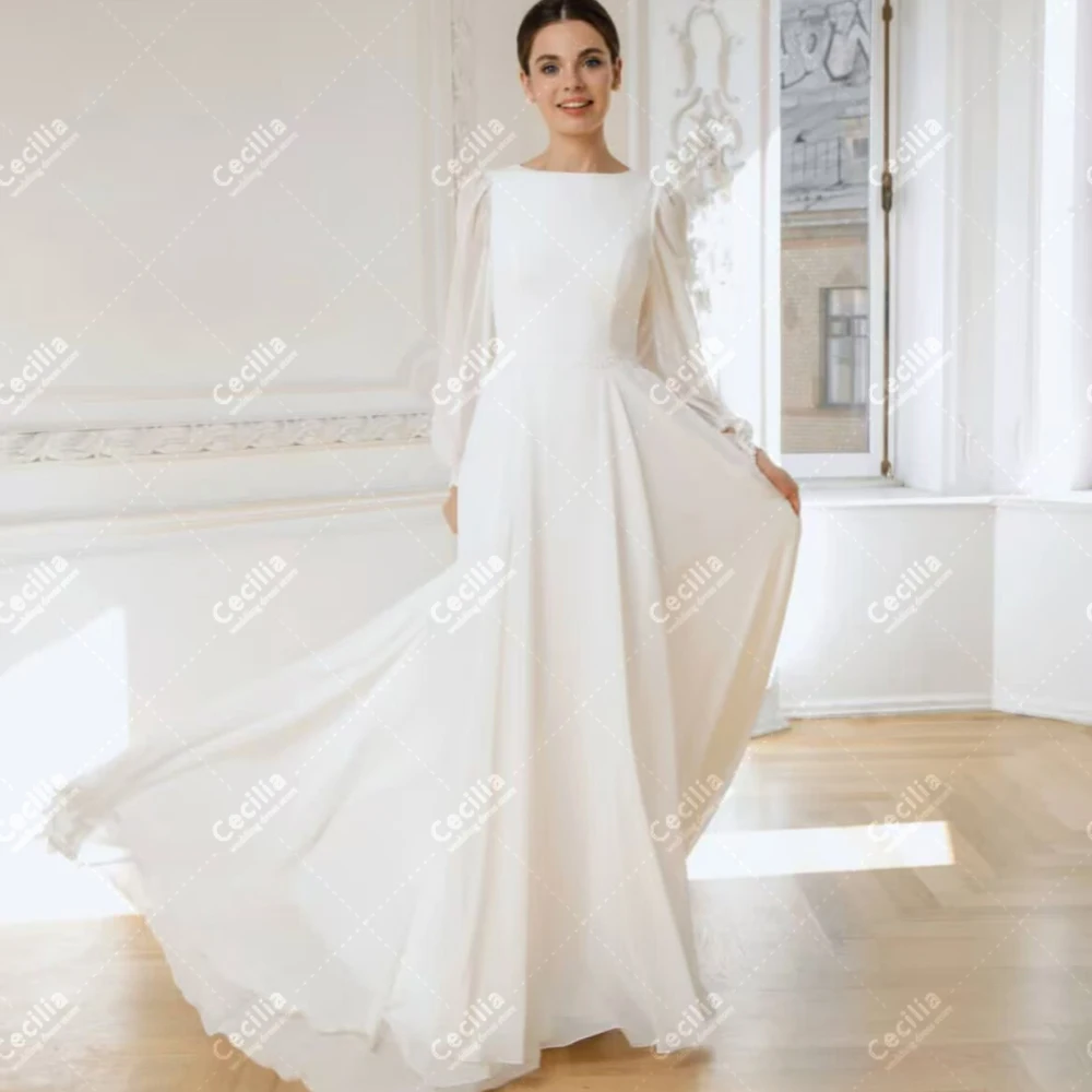 Modest Wedding Dresses Chiffon Bridal Gowns Long Puff Sleeves Elegant Robes For Formal Party Vestidos De Novia Customized 2025