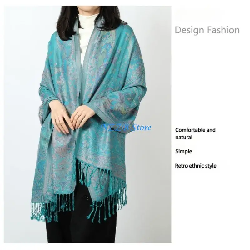 

T21F Fringed Shawl Wrap Bohemian Ethnic Pattern Scarf Multiuse Shoulder Wrap for Lady
