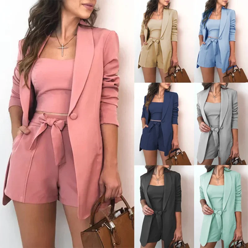 Spring/Summer Solid Tank Top Suit Coat Fashion Temperament High Waist Shorts Three Piece Women's Set