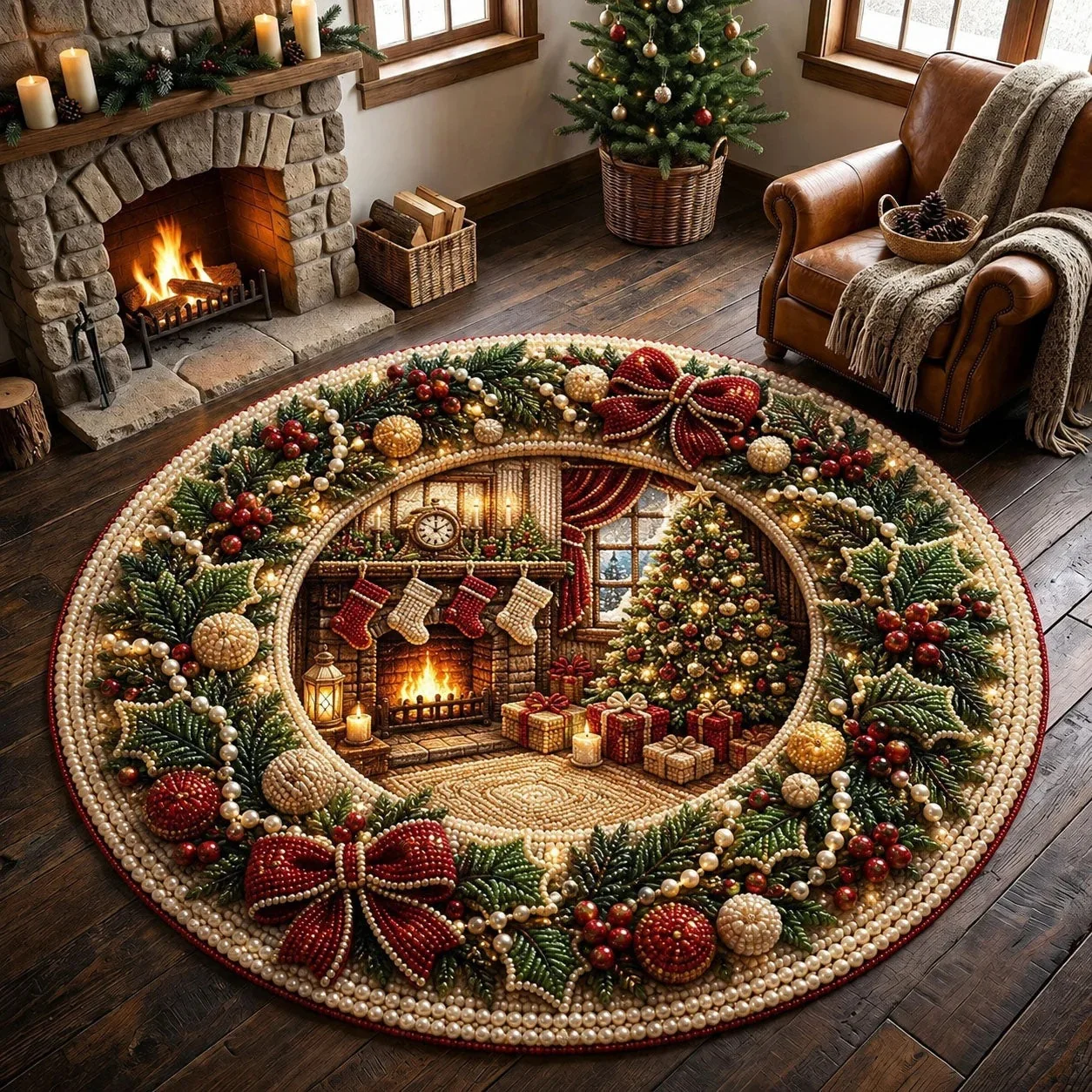 VIKAMA Beaded Pearl Roman Clock Gears Sleigh Round Rug Soft Flannel Non-Slip Bedroom Bedside Living Room Christmas Carpet Cozy