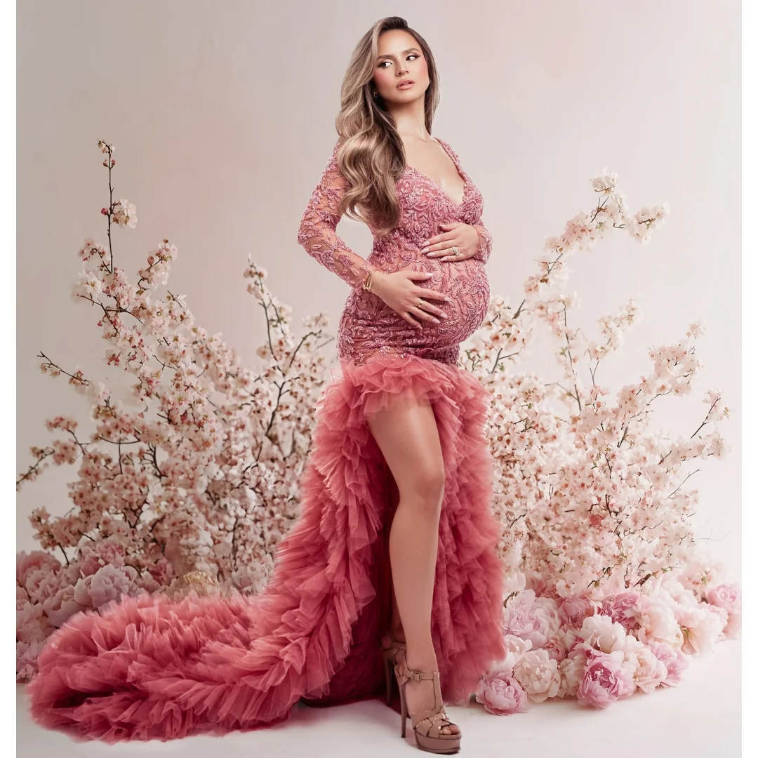 

Long Sleeves Prom Dresses Lace Appliqued V Neck Maternity Dress Customized Mermaid Slit vestido de novia Photography Props