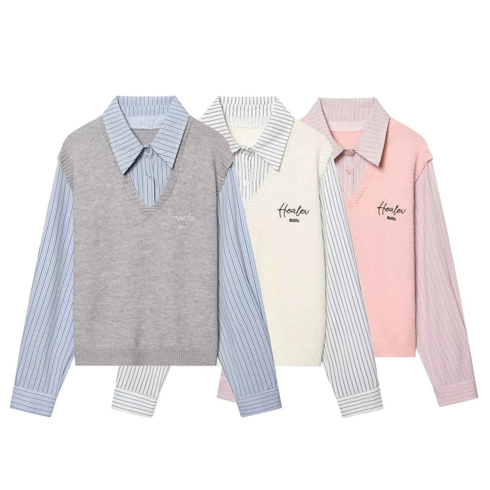 

2025 early spring new striped fake two-piece patchwork shirt for women Korean style layered knitted vest top worn outside