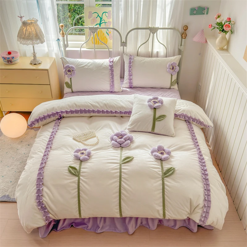 Handmade Flowers Embroidery Ruffles Korean Princess Bedding Set Thickened Warm Velvet Duvet Cover Bedspread Pillowcases 4/5Pcs