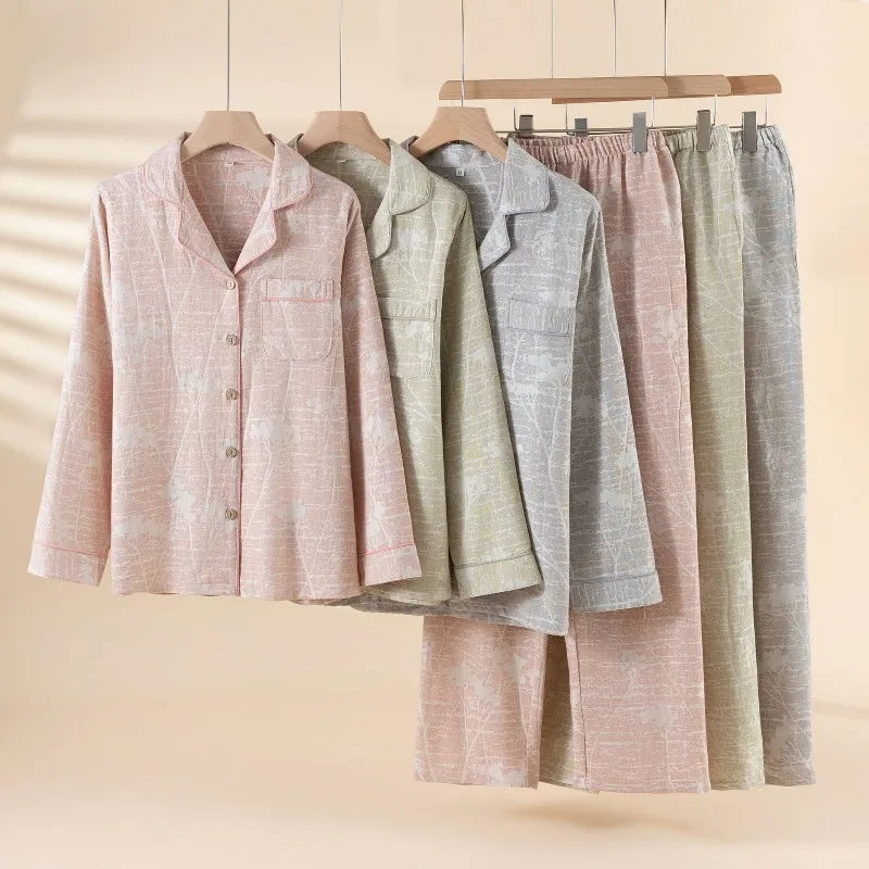 

Пижамный комплект из 100% хлопка и крепа для женщин и мужчин, текстурированная домашняя одежда в японском стиле, дышащая мягкая одежда для сна из 2 предметов с длинными рукавами