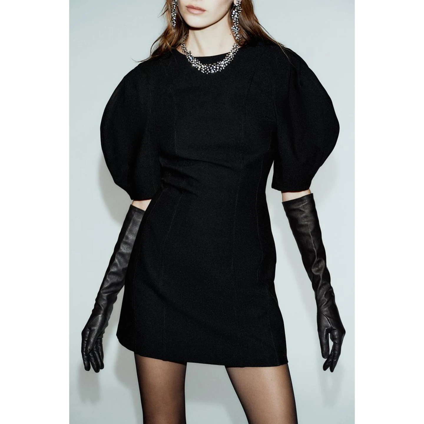 Inverno novo feminino hepburn sle ort sve redondo ne bolha sve ort dr linha de costura decoração ci commute dr