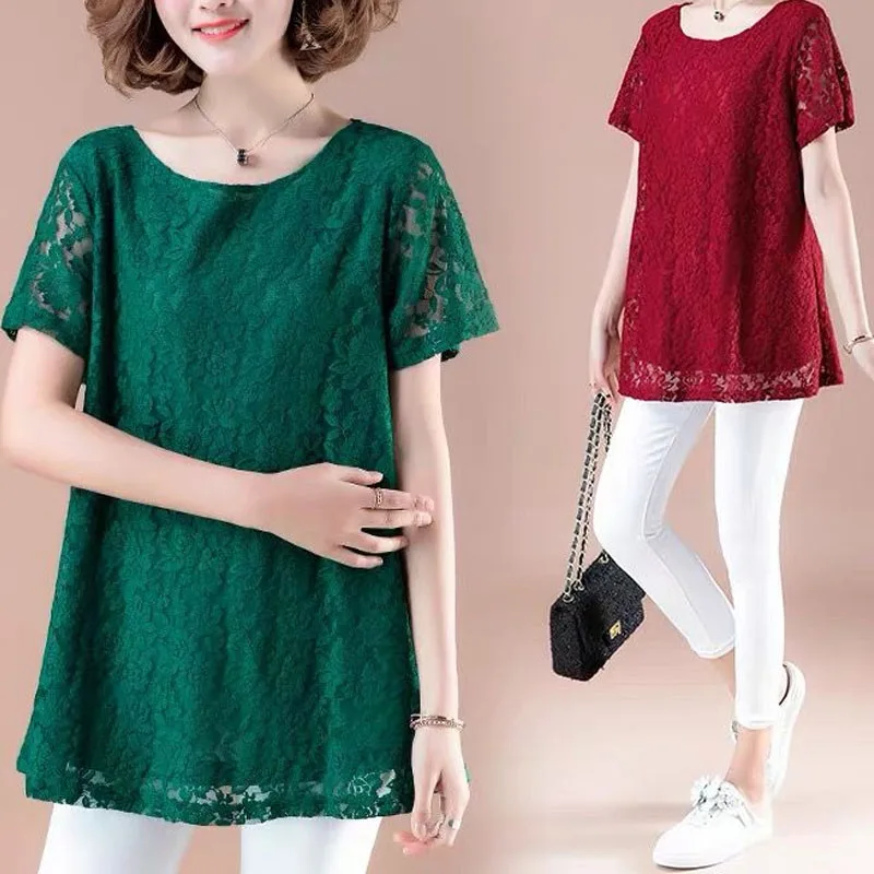 Elegant Solid Color Women\'s Clothing Casual V-neck Pullovers Oversize Lady Lace Tops 2023 Summer New Chiffon Shirt T-shirt