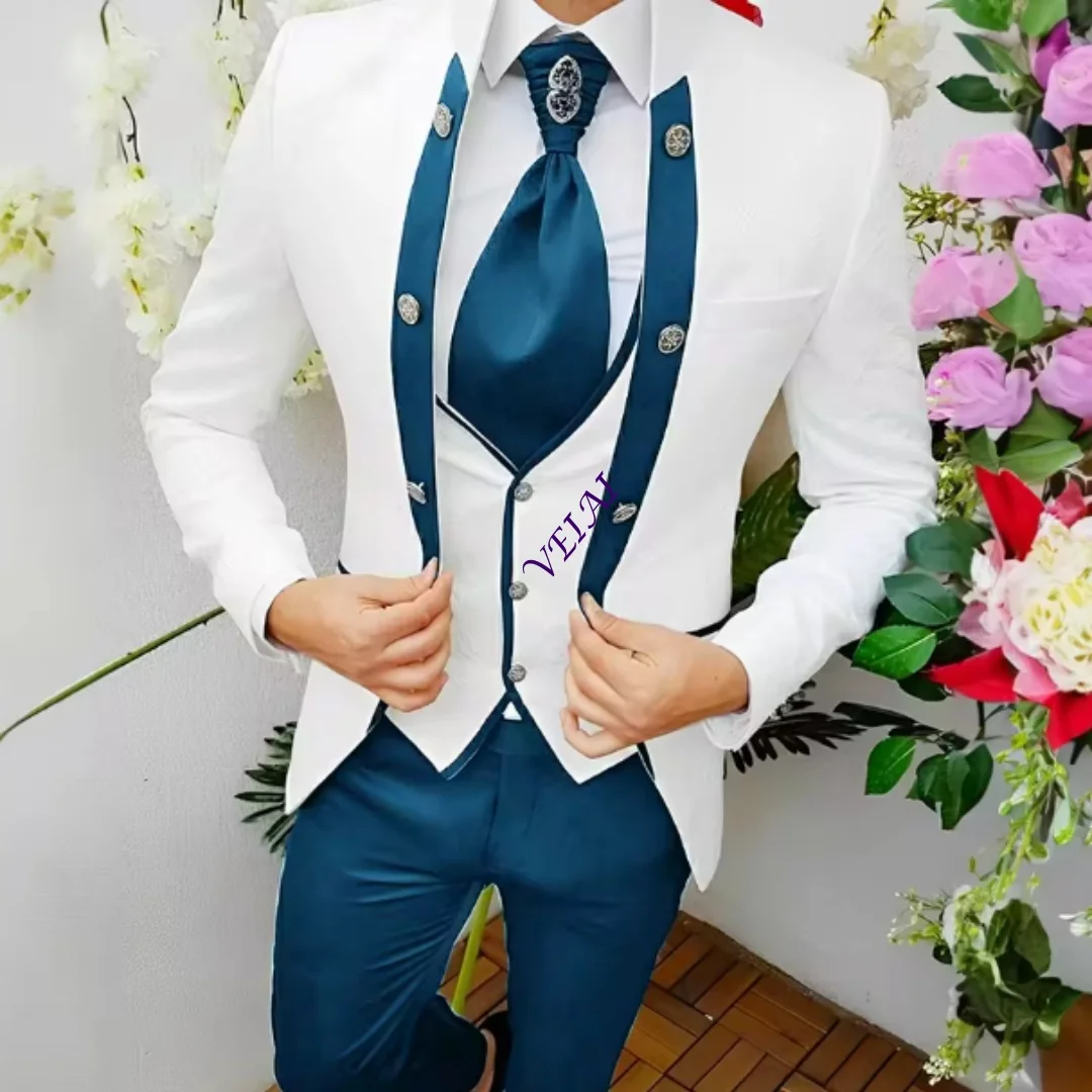 CustomizedPremium Men's Jacquard Suit White 3pcs Set Wedding Groom Tuxedo Shawl Collar Formal Jacket Vest Pants Beach Party Cust
