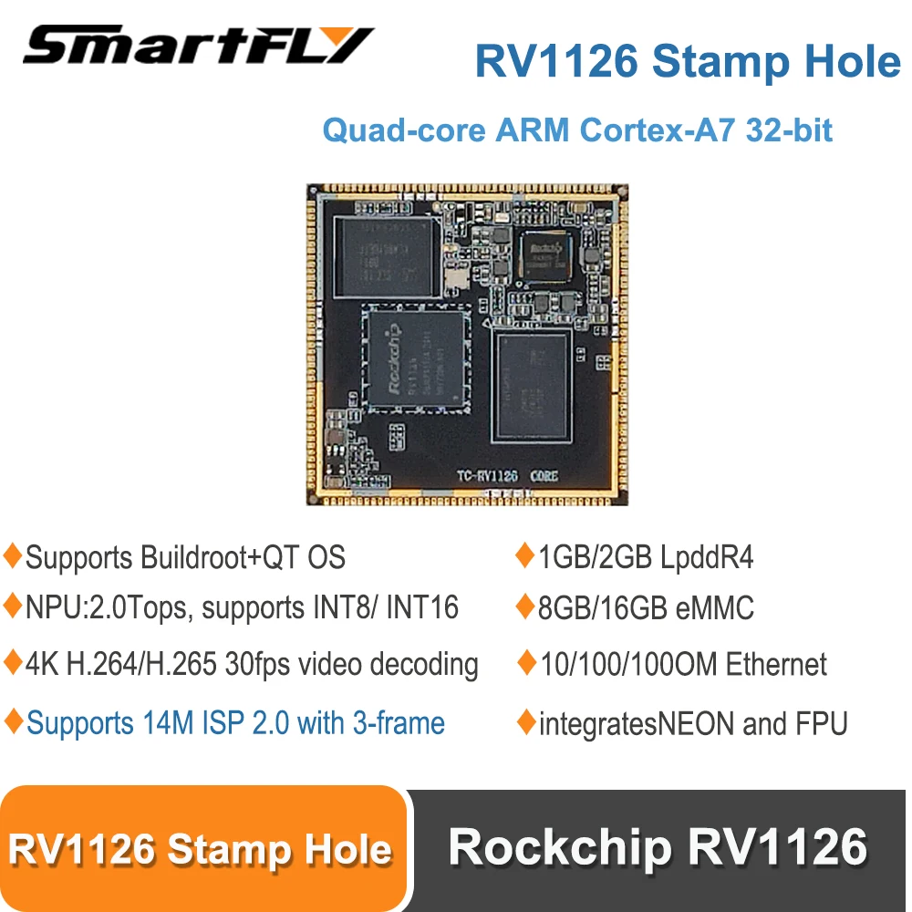 Smartfly Quad-core ARM Cortex-A7 RV1126/RV1109 Stamp Hole Core Board with NEON&FPU 2.0Tops Support for INT8/INT16