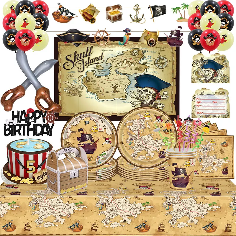 Décoration d'anniversaire Pirate, vaisselle, tasses, assiettes, ensemble de ballons, bannière d'arrière-plan, pailles, boîte à bonbons, décoration de gâteau pour enfants, fournitures de fête