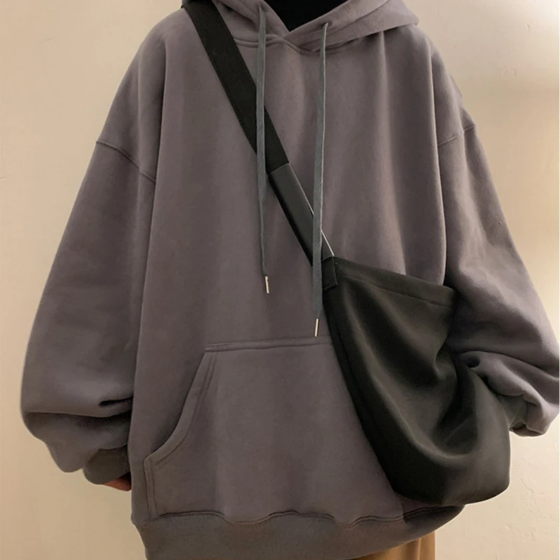 Men's Clothing Y2k Pullover Hooded Oversize Sweatshirt Plush Solid Loose Harajuku Streetwear Spring Tops Korean Male Clothes