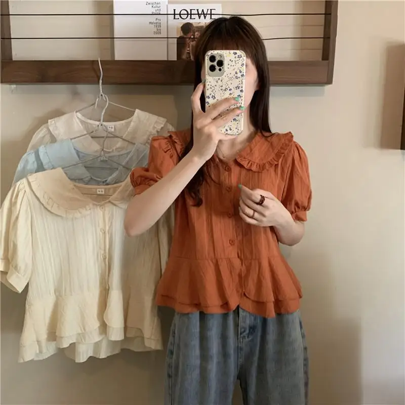 Shirts Women Puff Sleeve Peter Pan Collar Ruffles Vintage Korean Style Sweet Girlish Students Ulzzang Stylish Trendy Crop Tops