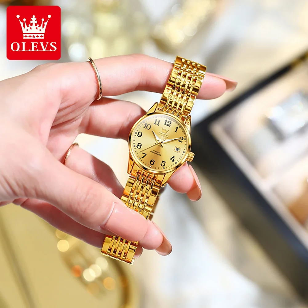 Olevs feminino relógios de ouro fácil de ler relógio mecânico automático vestido moda wathes para presentes femininos para mulher reloj para mujer