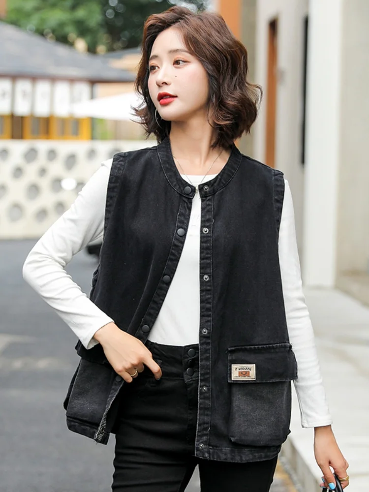 

Свободный художественный жилет большого размера, женский весенне-осенний модный топ, повседневный джинсовый джинсовый воротник с воротником на одной пуговице