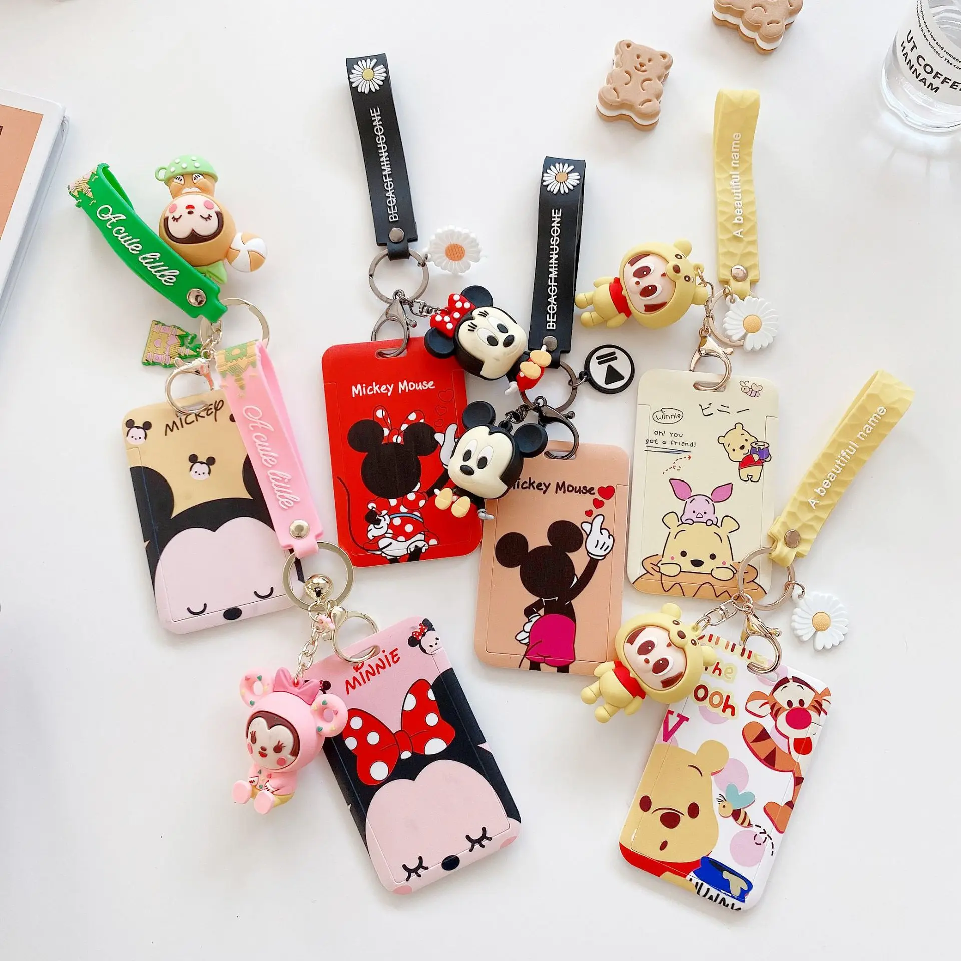 

Disney Anime Keychain Kawaii Mickey Mouse Winnie the Pooh Pendant Cute Card Holder Plastic Lanyard Card Holder Figurine Keychain