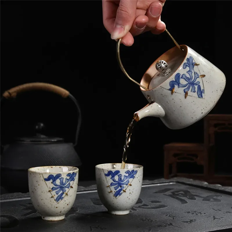Taza de té de cerámica de estilo japonés, tetera elegante y hermosa, tetera de Kung Fu, taza de café, tetera china, esmalte antiguo, azul y blanco
