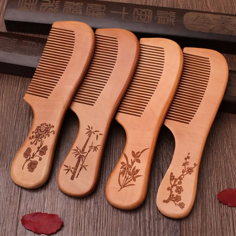 2pcs Anti-static Peach Wood Comb Handcrafted Hair Styling Tool Fine Tooth Comb Head Massage Beard Comb