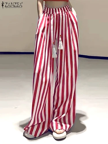 ZANZEA, pantalones informales de pierna ancha a rayas para mujer, pantalones sueltos con cordón en la cintura elástica, pantalones plisados invertidos para mujer, otoño 2025