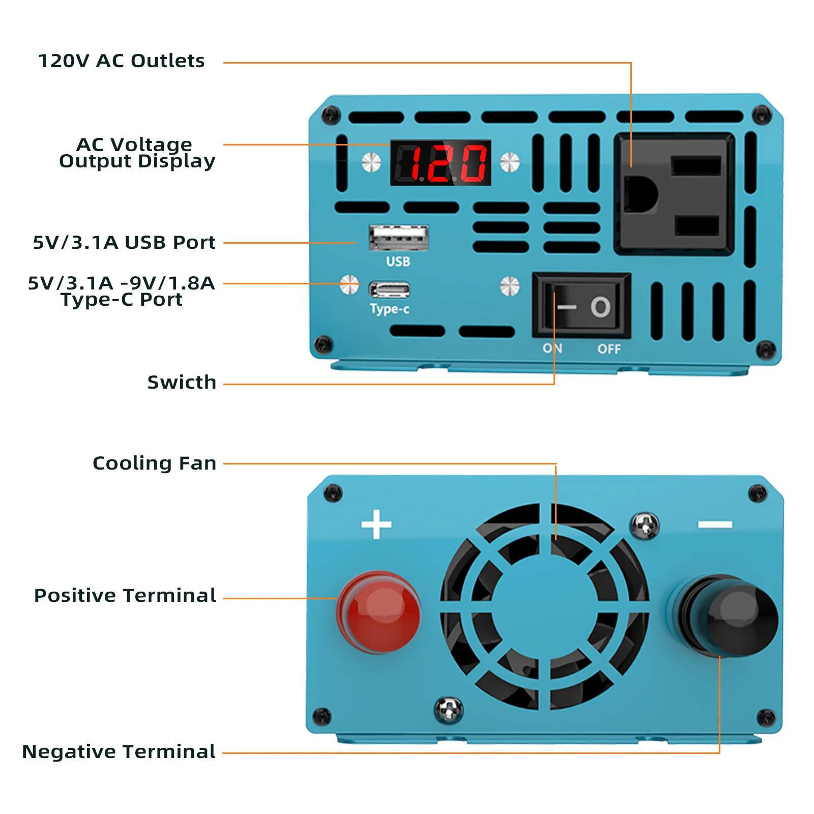 1600 واط الذروة عاكس الطاقة موجة جيبية نقية 600 واط المستمر تيار مستمر 12 فولت إلى التيار المتناوب 120 فولت مع USB نوع-C شاشة LED للمركبات RV الشمسية
