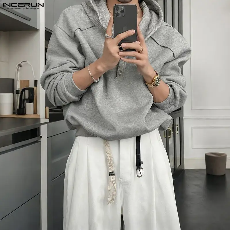 

INCERUN мужские толстовки с капюшоном, однотонные свободные повседневные мужские толстовки с длинными рукавами, уличная одежда в корейском стиле, модные пуловеры для мужчин