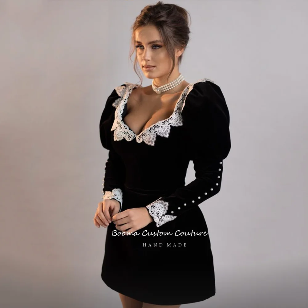 Booma Black Off Shoulder Velvet Short Prom Dresses Long Sleeves Lace Mini Cocktail Dresses Open Back Formal Gowns Customized