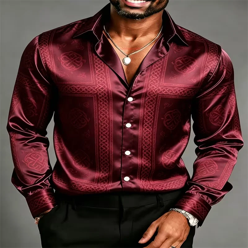 

Men's Luxury Glossy Satin Shirt – Burgundy with Celtic Knot Geometric Print – Long-Sleeve Button-Down – Suitable for Weddings