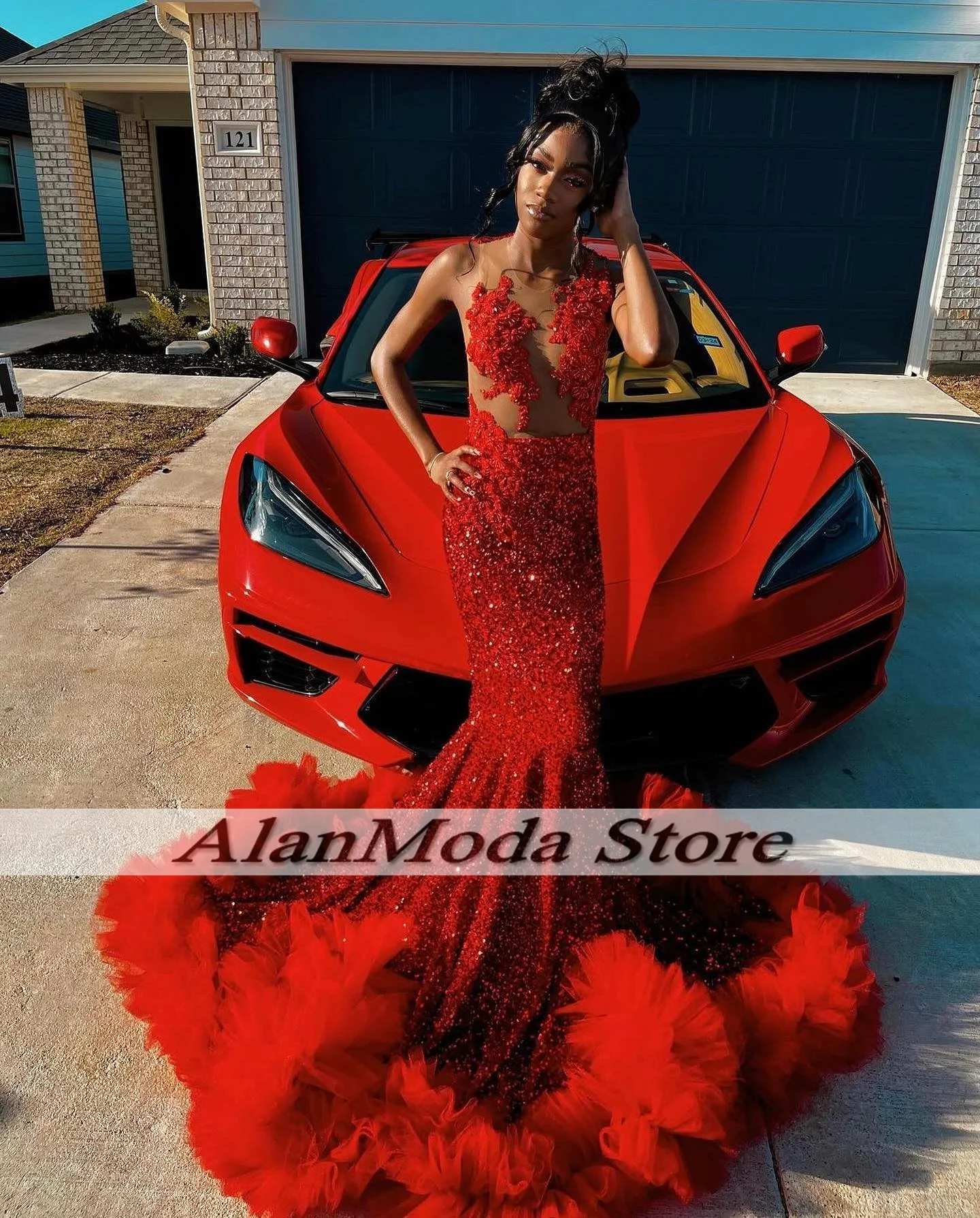 Luxury Red Prom Dresses For Black Girls 2025 See Through Beading Sequin Mermaid Party Gowns Ruffles Veatidos De Gala Customized