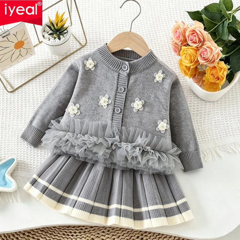 IYEAL Kids Girls Floral Knit Cardigan +Pleated Skirt 2Pcs Set Autumn Spring Toddler Casual Princess Outfits