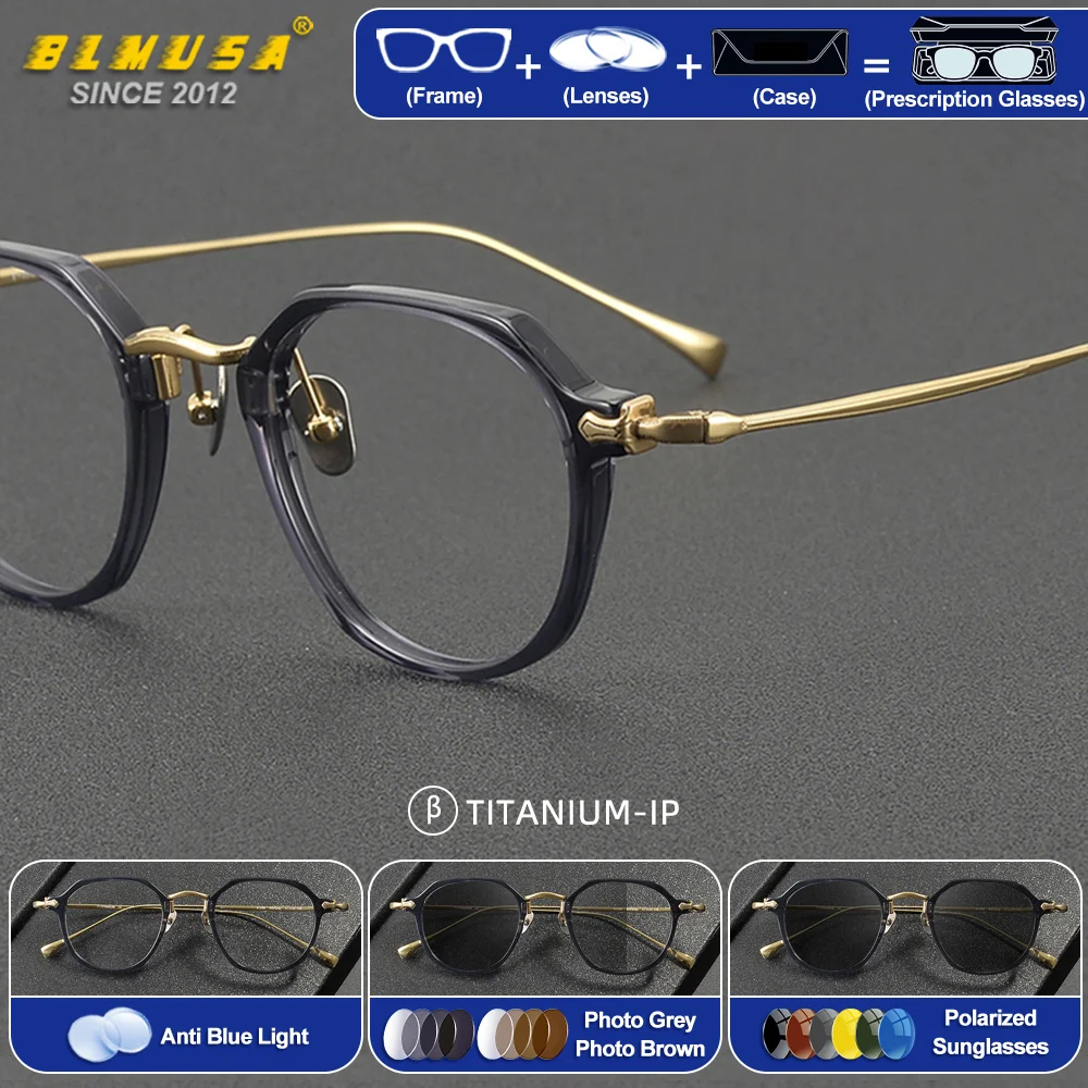 

BLMUSA (S) Handmade Acetate Myopia Optical Eyeware Retro Pure Titanium Anti Blue Light Reading Prescription Progressive Glasses