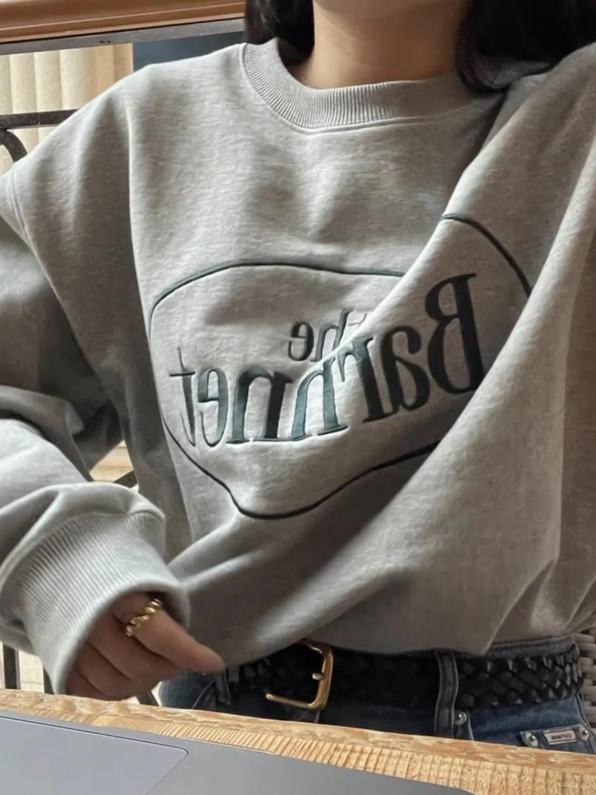 Retro Couple round Neck Sweatshirt Women's Autumn Winter New Style Bermat Eight Milk Embroidered Letter Cotton Warmth Street ...