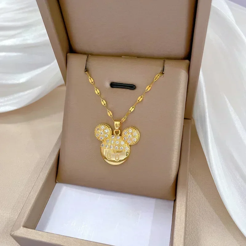 Cartoon Disney Mickey Minnie Mouse Studded with Zircon Necklace for Women Girl Stainless Steel Chain Sweet Gift for Friends Fans