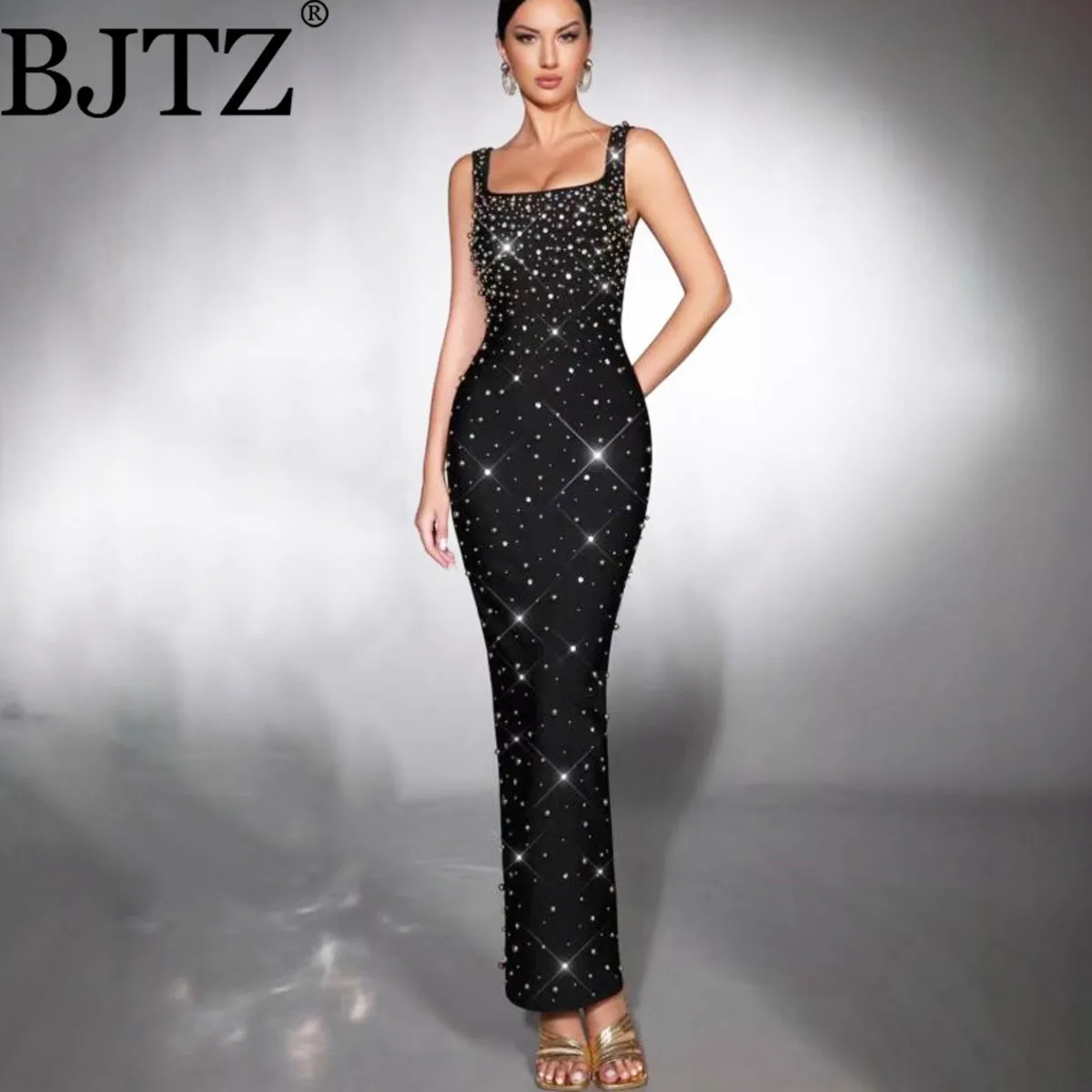 Bjtz luxo strass sexy malha maxi vestido longo feminino festa de noite vestido de casamento tapete vermelho elegante roupa de palco