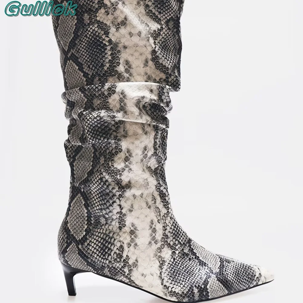 Gullick Mixed Snake Print Boots Pointed Toe High Heels Side Zipper Spring Autumn Knee-High New Boots Sexy Women Outwear Shoes