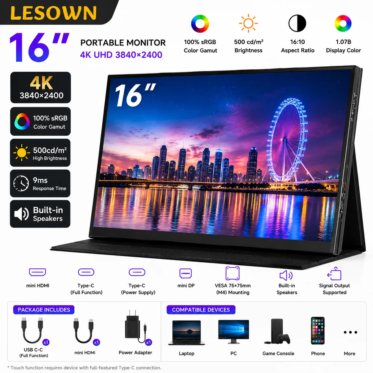 LESOWN 16 Inch 4K UHD Video Editing Monitor 100% sRGB 60Hz Secondary Display for Premiere Pro Color Grading PC