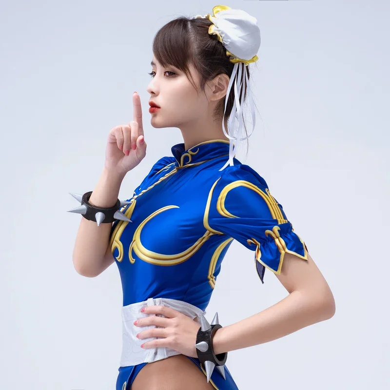 Gaming elastic Li cosplay costume dress swimsuit sets suit belt headgear sutorito Faita blue cheongsam