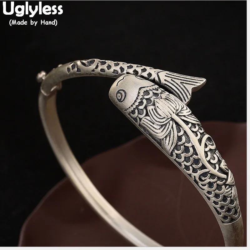 

Uglyless Real 990 Fine Silver Jewelry Ancient Totem Fish Bangles Women Vintage Engraving Ethnic Patterns Bangle Handmade Bijoux