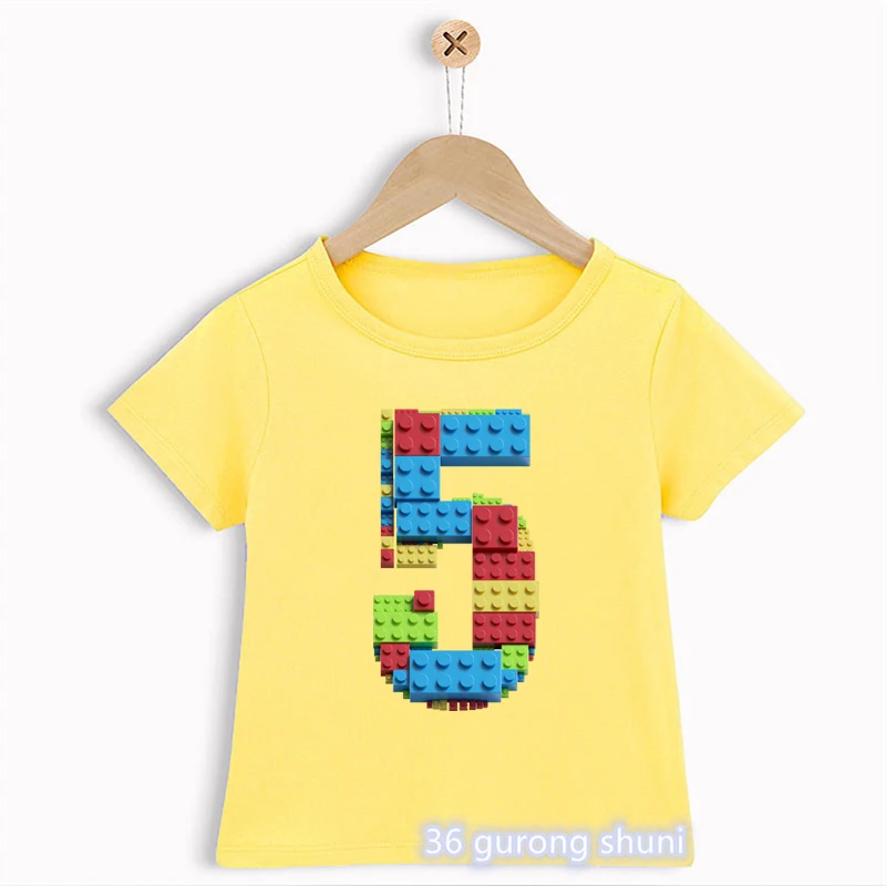 T-Shirt For Boys Building Blocks Birthday Digital Print Tshirt Custom Name Cute Kids Clothes White Tshirt Tops Drop Shipping