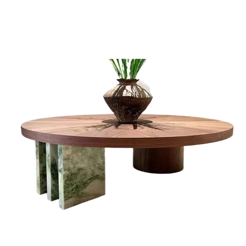 

H Black walnut round coffee table Italian minimalist high-end large flat coffee table natural marble feet modern coffee table