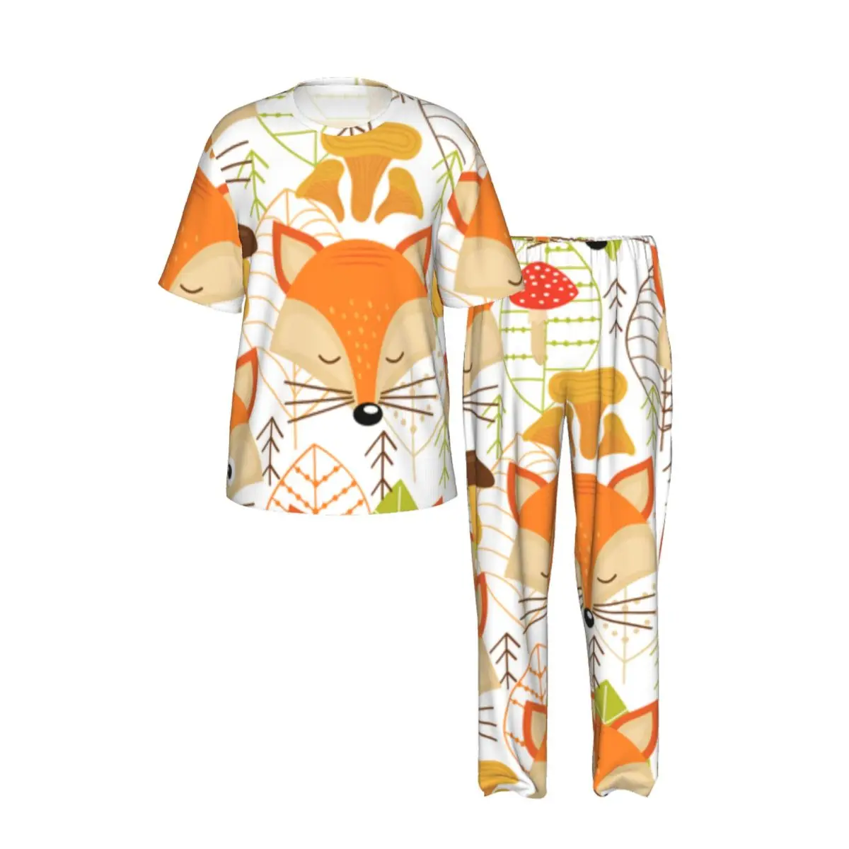 Sleepwear Summer Spring Home Clothes Fox Faces Short Sleeve Long Pant Nightwear
