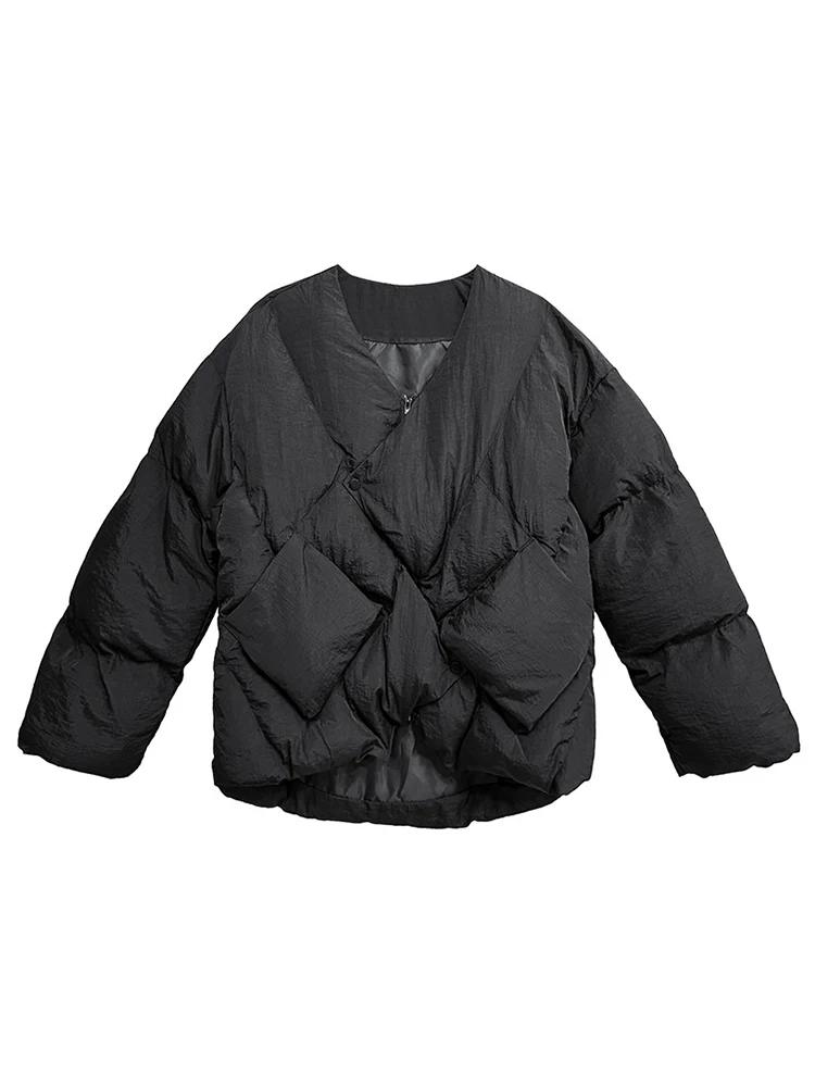 YERMORA أسود غير منتظم مشبك سميكة وسادة مبطنة للنساء الخامس الرقبة طويلة الأكمام فضفاضة جديدة معطف القطن موضة خريف شتاء 2025 #6