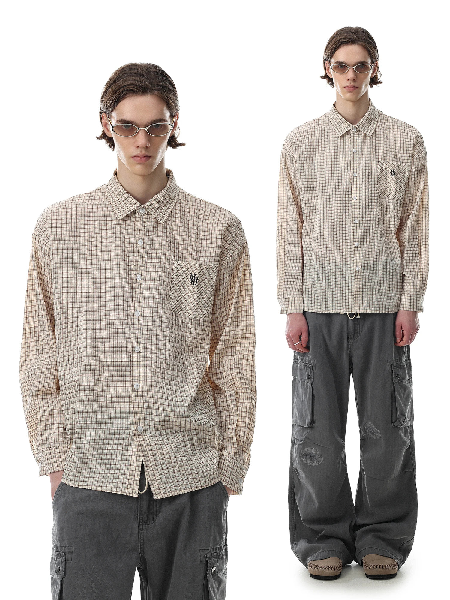 MRNEARLY American Retro Embroidered Plaid Long Sleeve Loose Casual Shirt Unisex Classic Style Breathable Cotton Polyester Blend
