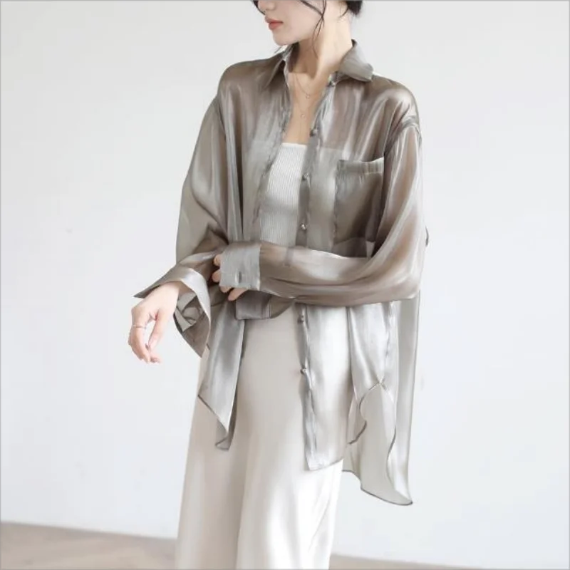 

2025 Thin summer Women Elegant Solid Shirt Office Long Sleeve Organza Loose Fit Blouse For Women JJ659