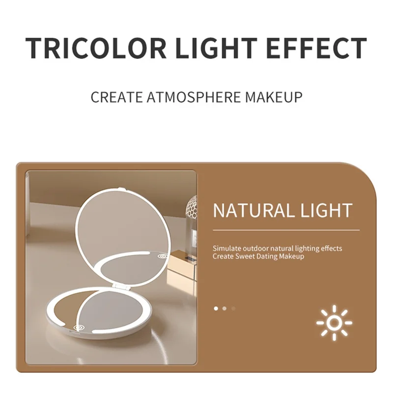 

Зеркало для макияжа SHGO-LED, перезаряжаемое, дорожное, компактное, 3-цветное освещение, маленькая складная батарея емкостью 600 мАч, встроенная