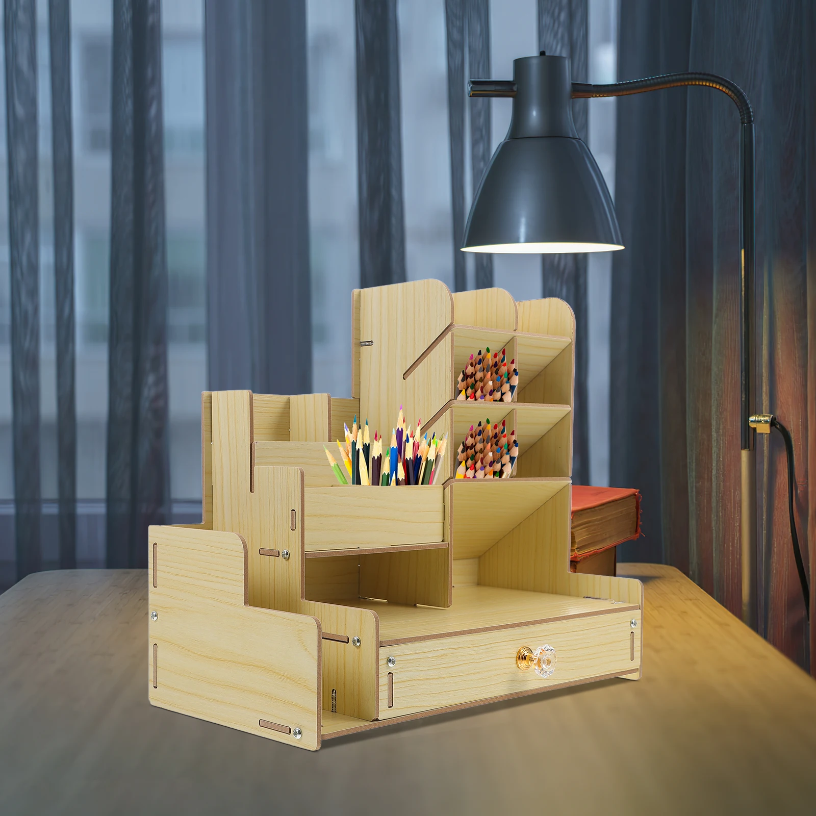 

Desk Storage Box Wood Material White Maple -9 Modern Design Multi Compartments Pen Holder Organizer Stationery Rack