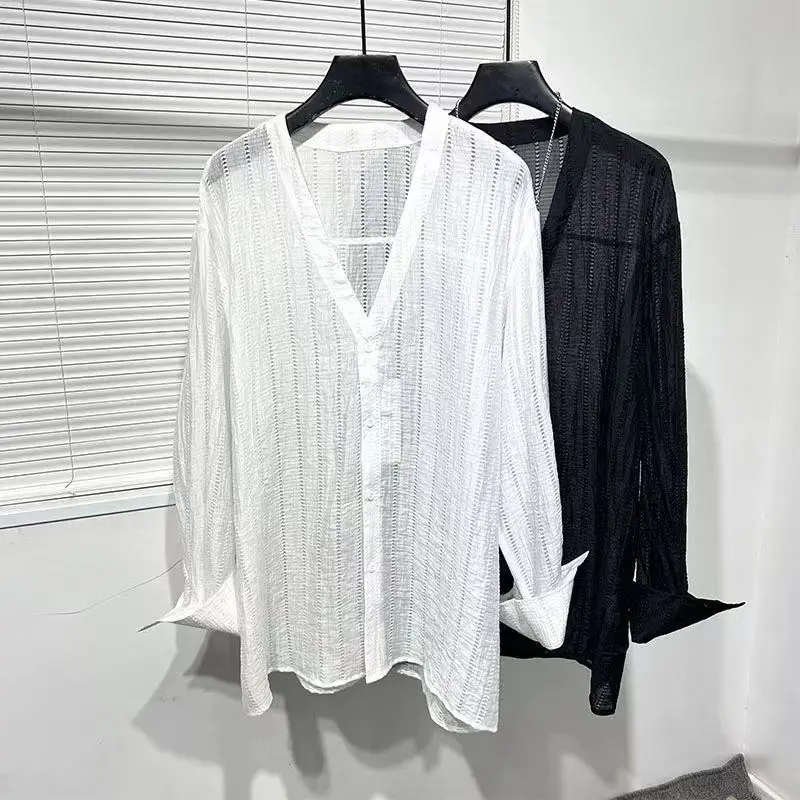 European and American V-neck Jacquard Shirt Men's Spring/Summer New Casual Fashion Loose Solid Color Long Sleeved Shirts